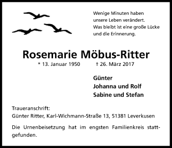 Anzeige von Rosemarie Möbus-Ritter von Kölner Stadt-Anzeiger / Kölnische Rundschau / Express