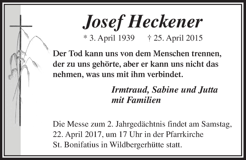  Traueranzeige für Josef Heckener vom 19.04.2017 aus  Lokalanzeiger 