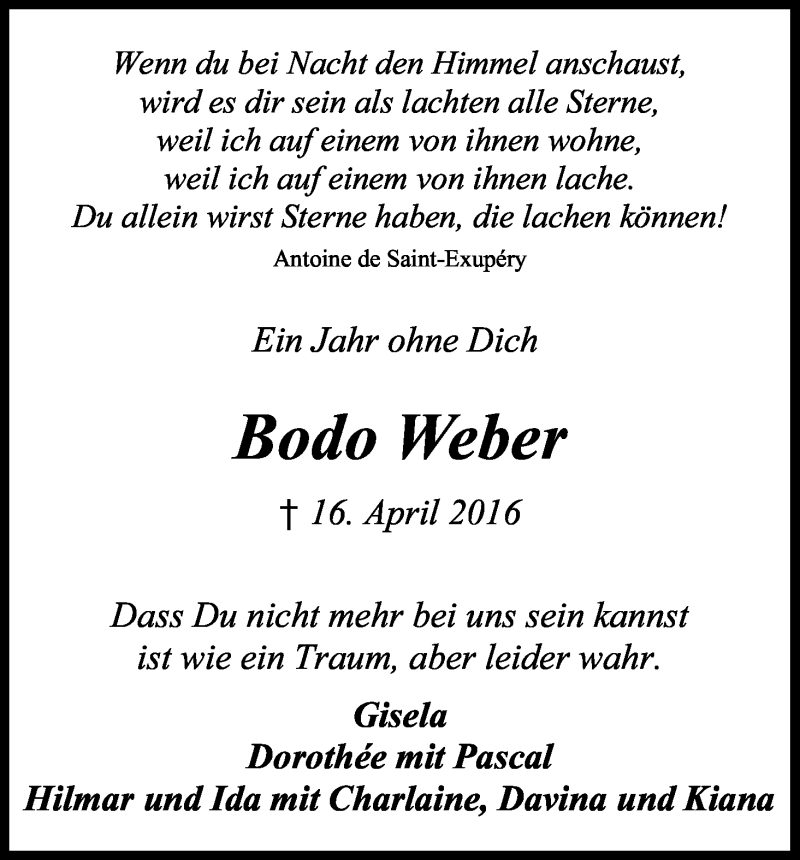  Traueranzeige für Bodo Weber vom 12.04.2017 aus Kölner Stadt-Anzeiger / Kölnische Rundschau / Express