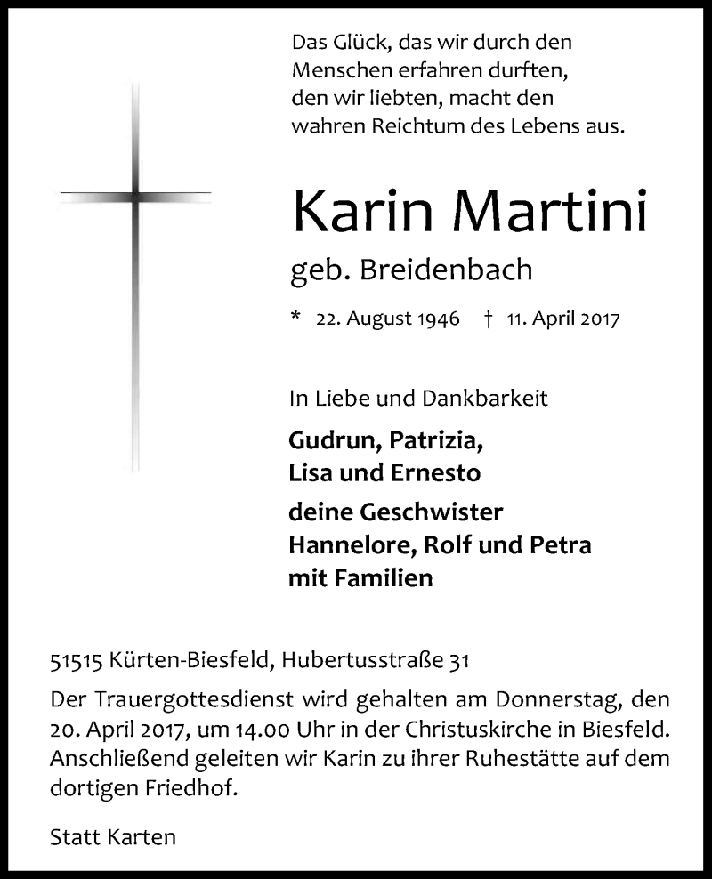  Traueranzeige für Karin Martini vom 15.04.2017 aus Kölner Stadt-Anzeiger / Kölnische Rundschau / Express
