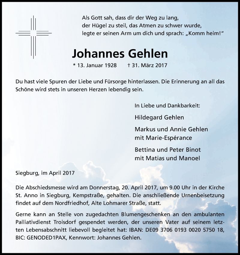  Traueranzeige für Johannes Gehlen vom 12.04.2017 aus Kölner Stadt-Anzeiger / Kölnische Rundschau / Express