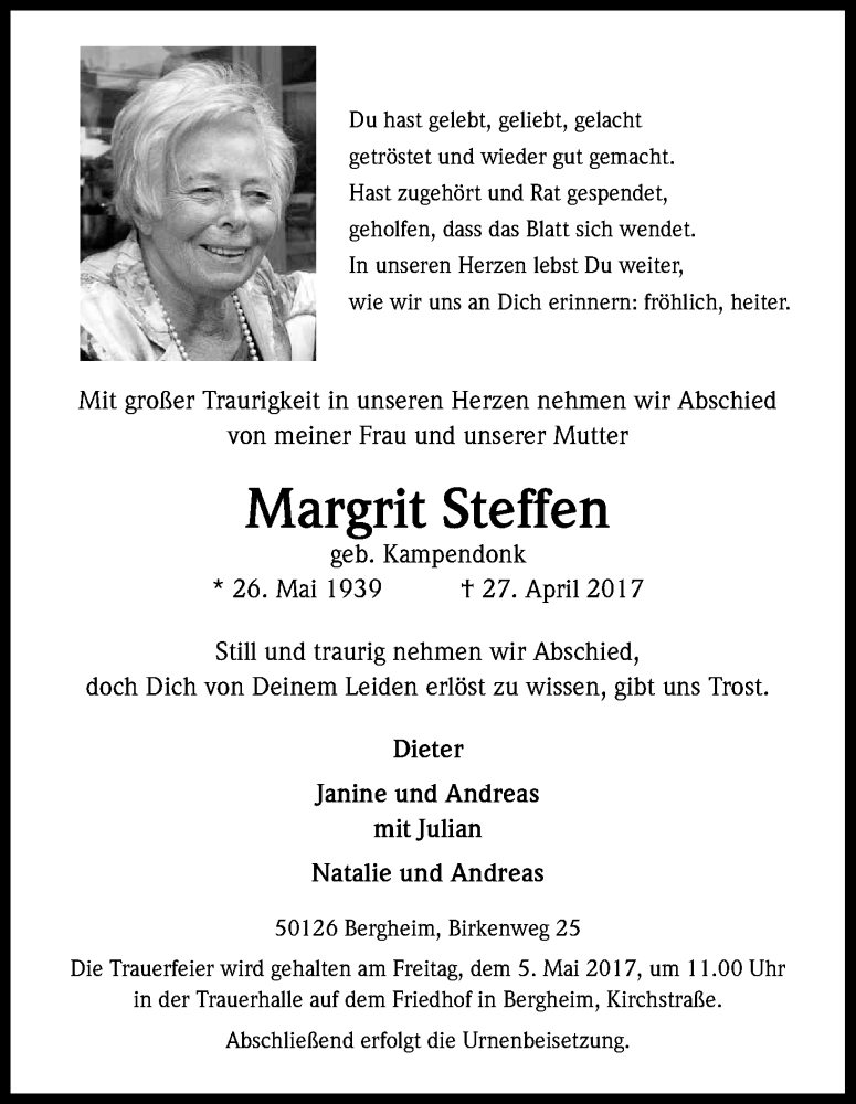 Traueranzeige für Margrit Steffen vom 29.04.2017 aus Kölner Stadt-Anzeiger / Kölnische Rundschau / Express