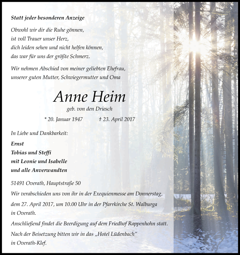  Traueranzeige für Anne Heim vom 25.04.2017 aus Kölner Stadt-Anzeiger / Kölnische Rundschau / Express