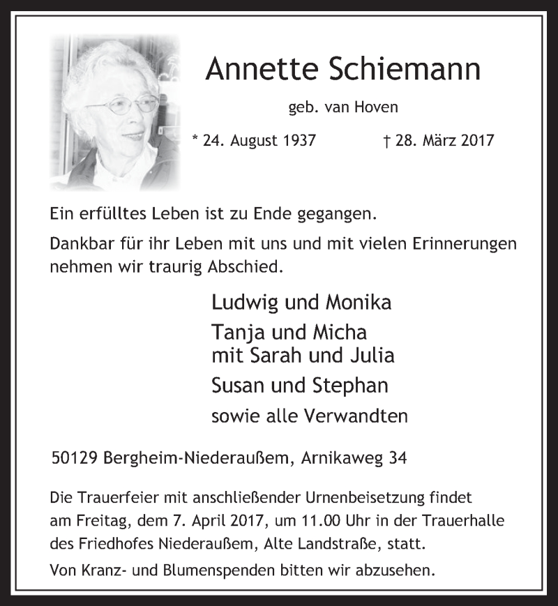  Traueranzeige für Annette Schiemann vom 05.04.2017 aus  Werbepost 