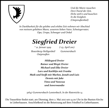Anzeige von Siegfried Dreier von Kölner Stadt-Anzeiger / Kölnische Rundschau / Express