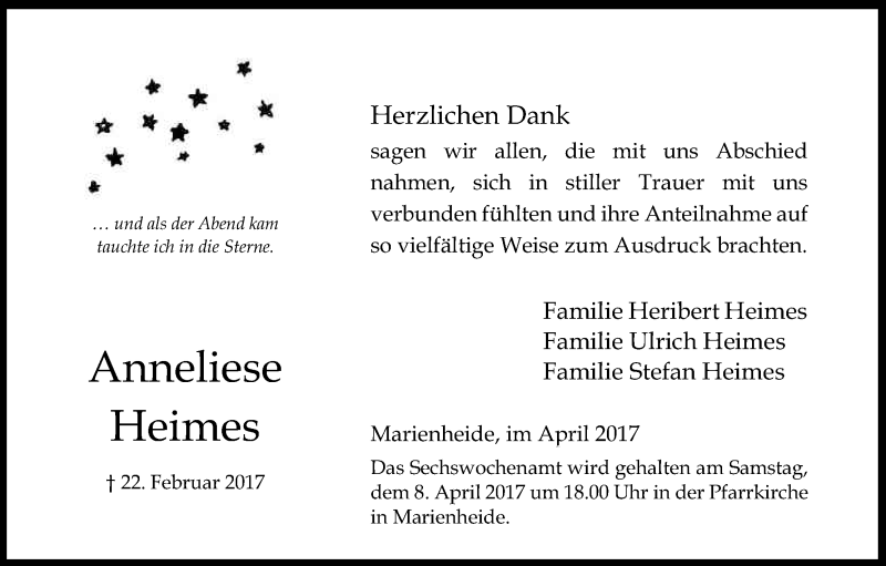  Traueranzeige für Anneliese Heimes vom 05.04.2017 aus Kölner Stadt-Anzeiger / Kölnische Rundschau / Express