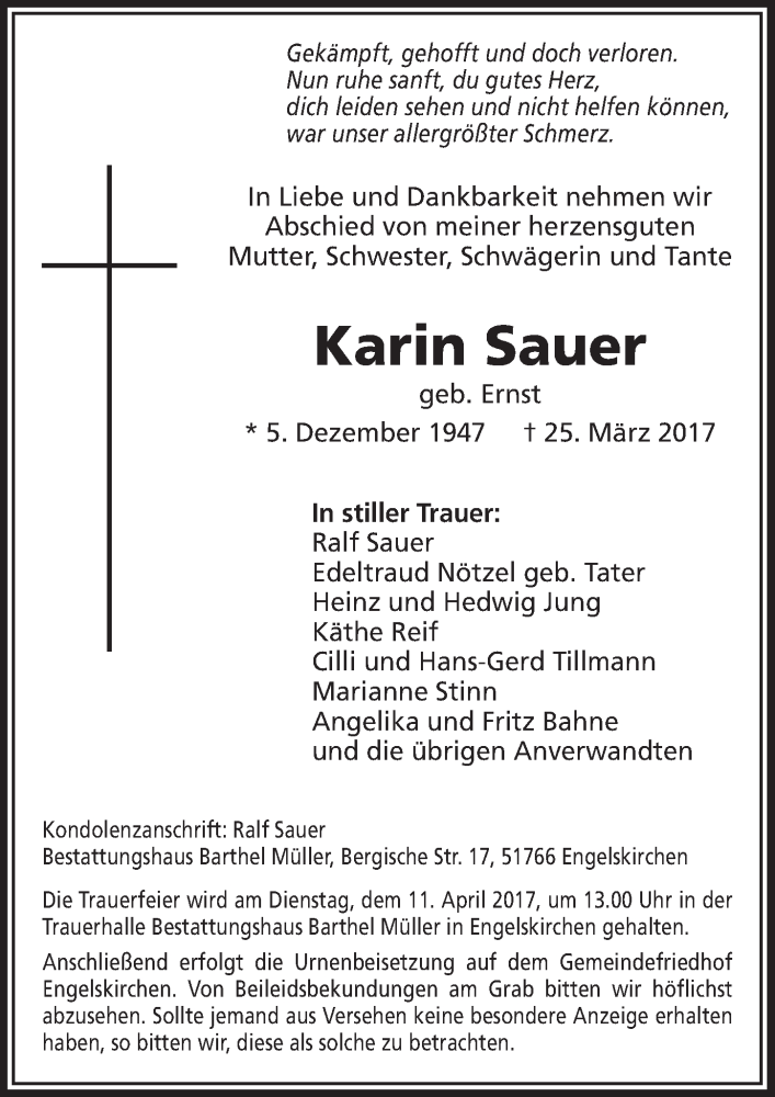  Traueranzeige für Karin  Sauer vom 05.04.2017 aus  Anzeigen Echo 