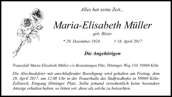 Anzeige von Maria-Elisabeth Müller von Kölner Stadt-Anzeiger / Kölnische Rundschau / Express