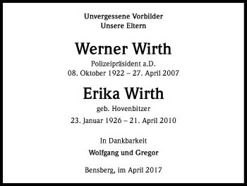 Anzeige von Werner und Erika Wirth von Kölner Stadt-Anzeiger / Kölnische Rundschau / Express