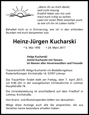 Anzeige von Heinz-Jürgen Kucharski von Kölner Stadt-Anzeiger / Kölnische Rundschau / Express