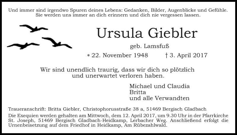  Traueranzeige für Ursula Giebler vom 08.04.2017 aus Kölner Stadt-Anzeiger / Kölnische Rundschau / Express