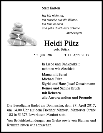 Anzeige von Heidi Pütz von Kölner Stadt-Anzeiger / Kölnische Rundschau / Express
