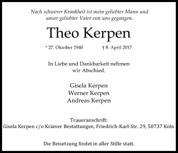 Anzeige von Theo Kerpen von Kölner Stadt-Anzeiger / Kölnische Rundschau / Express