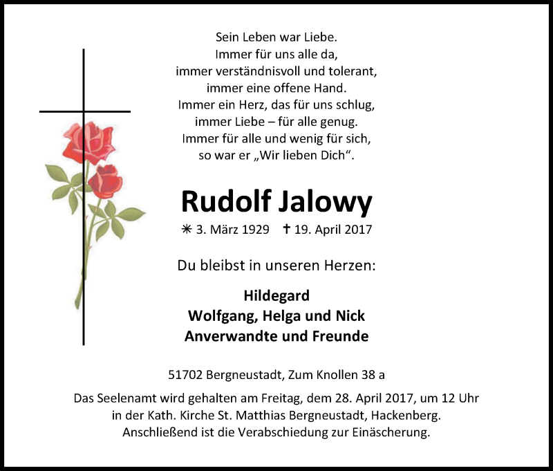  Traueranzeige für Rudolf Jalowy vom 22.04.2017 aus Kölner Stadt-Anzeiger / Kölnische Rundschau / Express