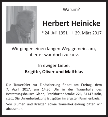 Anzeige von Herbert Heinicke von  Kölner Wochenspiegel 
