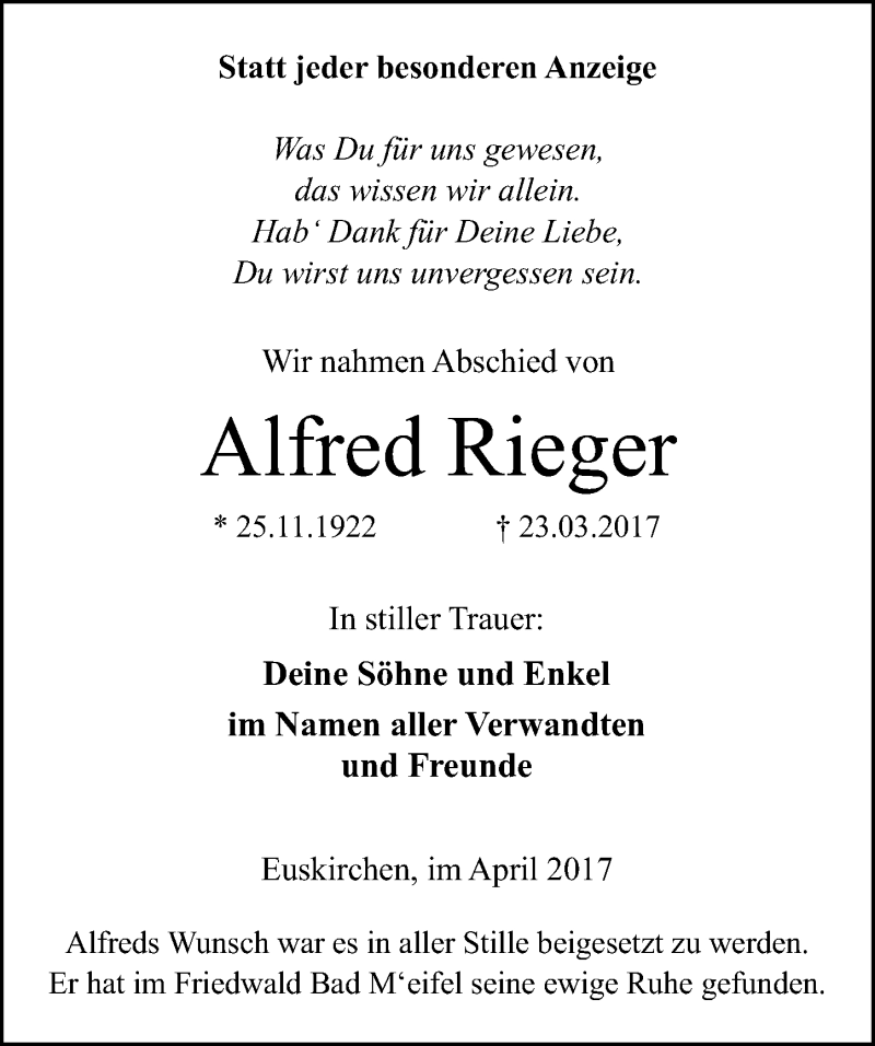  Traueranzeige für Alfred Rieger vom 29.04.2017 aus  Blickpunkt Euskirchen 