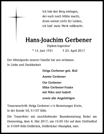 Anzeige von Hans Joachim Gerbener von Kölner Stadt-Anzeiger / Kölnische Rundschau / Express