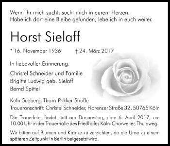 Anzeige von Horst Sielaff von Kölner Stadt-Anzeiger / Kölnische Rundschau / Express