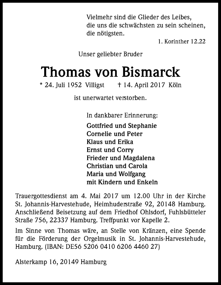  Traueranzeige für Thomas  von Bismarck vom 26.04.2017 aus Kölner Stadt-Anzeiger / Kölnische Rundschau / Express