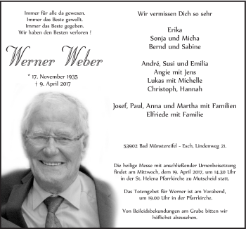 Anzeige von Werner Weber von  Blickpunkt Euskirchen 