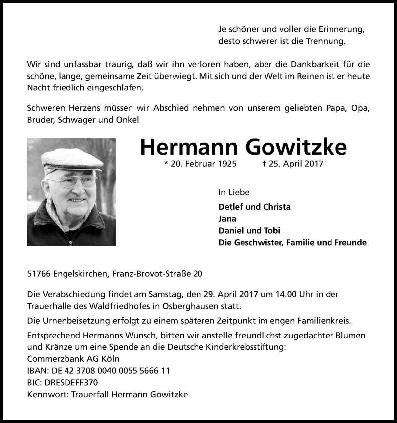  Traueranzeige für Hermann Gowitzke vom 28.04.2017 aus Kölner Stadt-Anzeiger / Kölnische Rundschau / Express