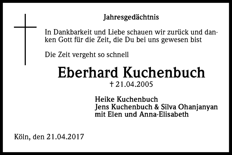  Traueranzeige für Eberhard Kuchenbuch vom 21.04.2017 aus Kölner Stadt-Anzeiger / Kölnische Rundschau / Express