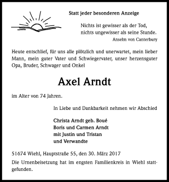 Anzeige von Axel Arndt von Kölner Stadt-Anzeiger / Kölnische Rundschau / Express