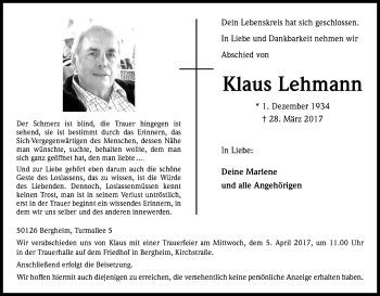 Anzeige von Klaus Lehmann von Kölner Stadt-Anzeiger / Kölnische Rundschau / Express