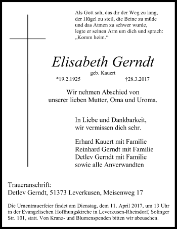 Anzeige von Elisabeth Gerndt von Kölner Stadt-Anzeiger / Kölnische Rundschau / Express
