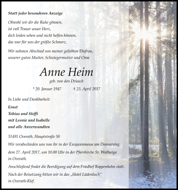 Anzeige von Anne Heim von Kölner Stadt-Anzeiger / Kölnische Rundschau / Express