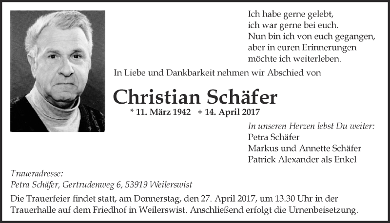  Traueranzeige für Christian Schäfer vom 22.04.2017 aus  Blickpunkt Euskirchen 