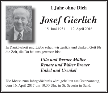 Anzeige von Josef Gierlich von  Bergisches Handelsblatt 