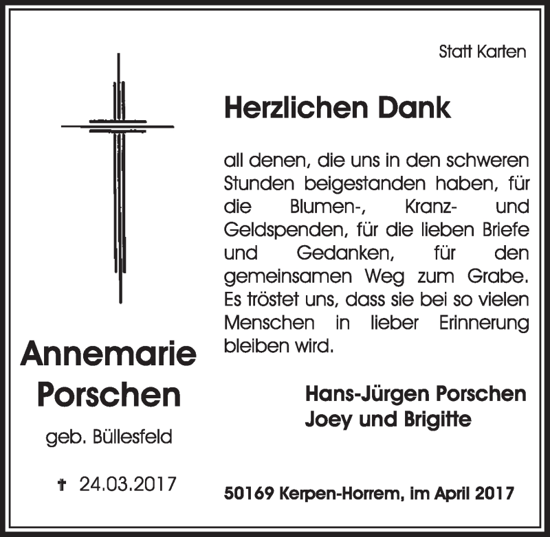  Traueranzeige für Annemarie Porschen vom 15.04.2017 aus  Sonntags-Post 