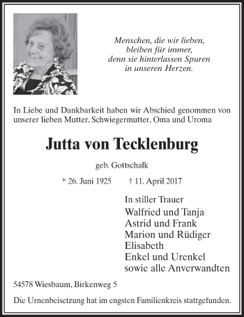 Anzeige von Jutta von Tecklenburg von  Sonntags-Post 