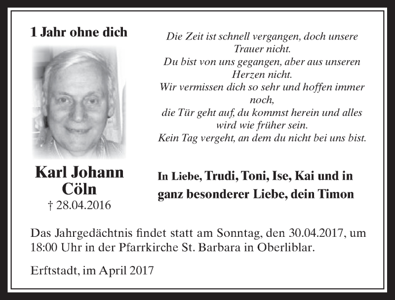  Traueranzeige für Karl Johann Cöln vom 26.04.2017 aus  Werbepost 