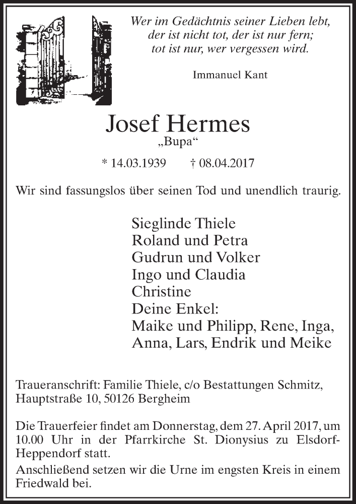  Traueranzeige für Josef Hermes vom 22.04.2017 aus  Sonntags-Post 