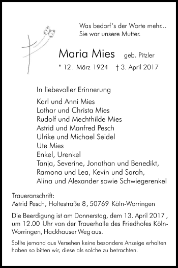 Anzeige von Maria Mies von Kölner Stadt-Anzeiger / Kölnische Rundschau / Express