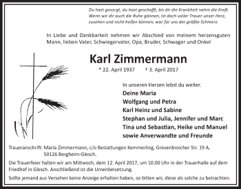 Anzeige von Karl Zimmermann von  Sonntags-Post 