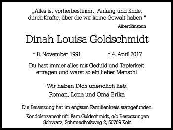 Anzeige von Dinah Louisa Goldschmidt von Kölner Stadt-Anzeiger / Kölnische Rundschau / Express