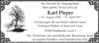 Anzeige von Karl Pieper von  Lokalanzeiger 
