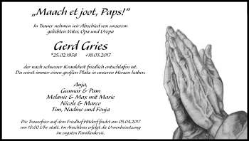 Anzeige von Gerd Gries von Kölner Stadt-Anzeiger / Kölnische Rundschau / Express