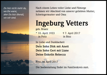 Anzeige von Ingeburg Vetters von Kölner Stadt-Anzeiger / Kölnische Rundschau / Express