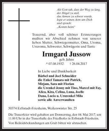 Anzeige von Irmgard Jussow von  Sonntags-Post 