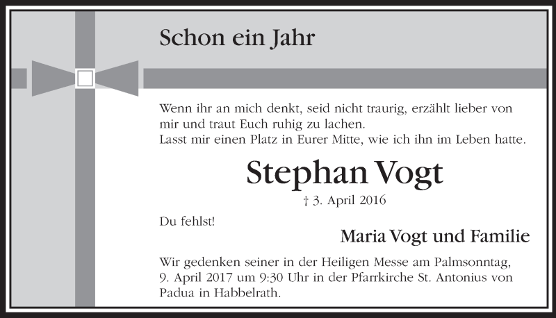  Traueranzeige für Stephan Vogt vom 05.04.2017 aus  Wochenende 