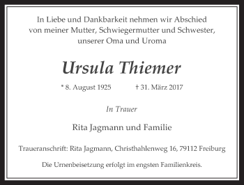 Anzeige von Ursula Thiemer von  Schaufenster/Blickpunkt 