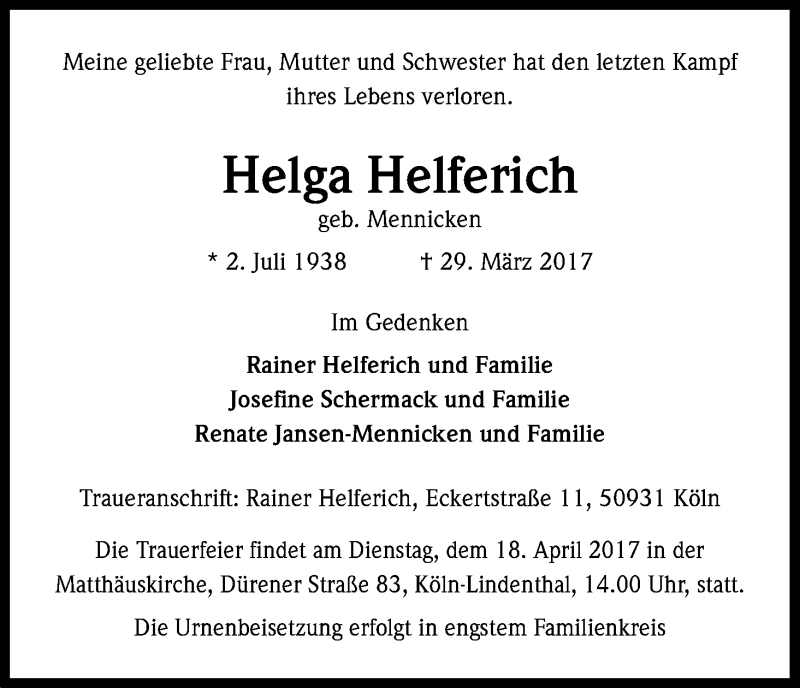  Traueranzeige für Helga Helferich vom 07.04.2017 aus Kölner Stadt-Anzeiger / Kölnische Rundschau / Express