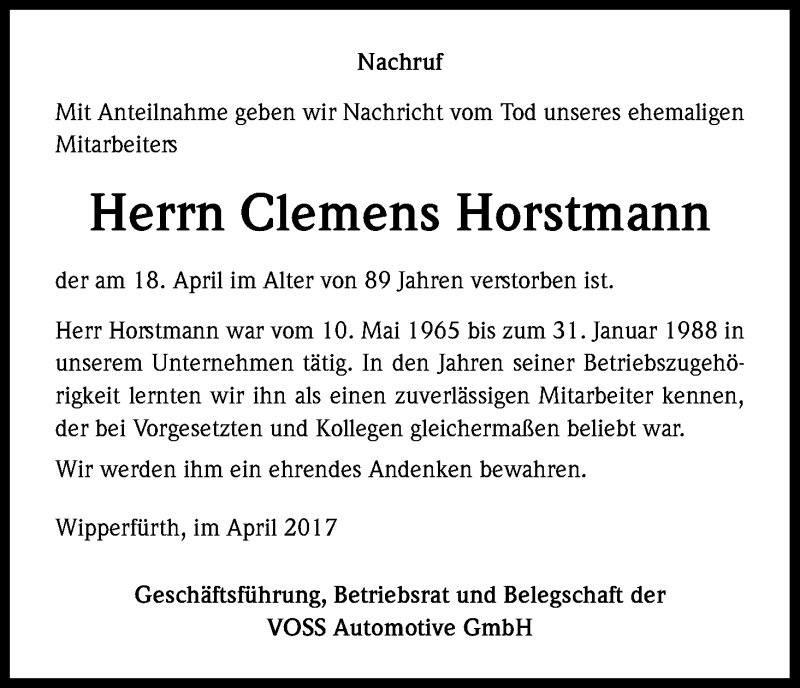  Traueranzeige für Clemens Horstmann vom 28.04.2017 aus Kölner Stadt-Anzeiger / Kölnische Rundschau / Express