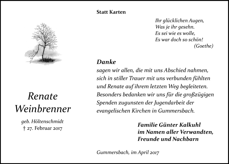  Traueranzeige für Renate Weinbrenner vom 12.04.2017 aus  Anzeigen Echo 