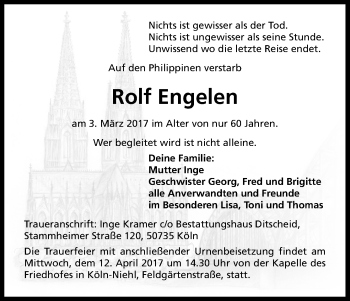 Anzeige von Rolf Engelen von Kölner Stadt-Anzeiger / Kölnische Rundschau / Express