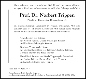 Anzeige von Norbert Trippen von Kölner Stadt-Anzeiger / Kölnische Rundschau / Express